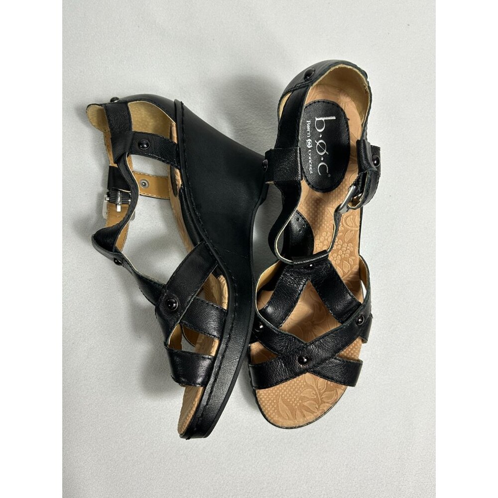 Born Concepts Women's Leather Studded Ankle Strap Wedge Sandals in Black - Sz 9 - Picture 2 of 10